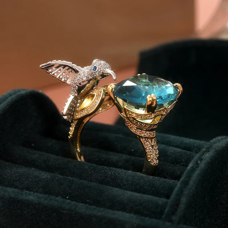 Bague Colibri de Couleur Aquamarine Réglable – Plaqué Or 14K