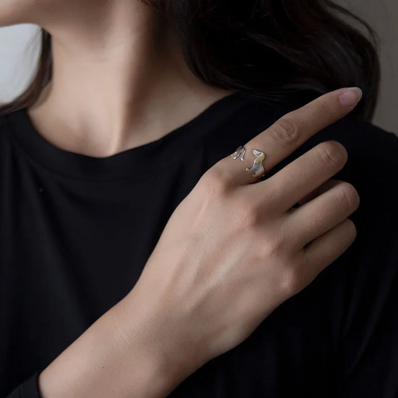 Bague en Argent Sterling 925 en Forme de Teckel – Ajustement Réglable
