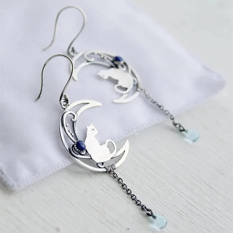 Boucles d'oreilles Chat au Clair de Lune – Design Vintage en Croissant avec Pierre Précieuse Lapis Lazuli