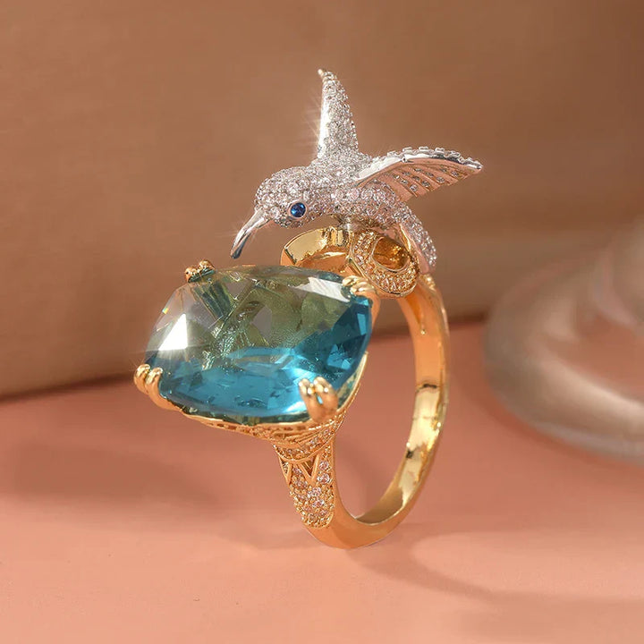 Bague Colibri Couleur Aigue-Marine Réglable – Plaqué Or 14K