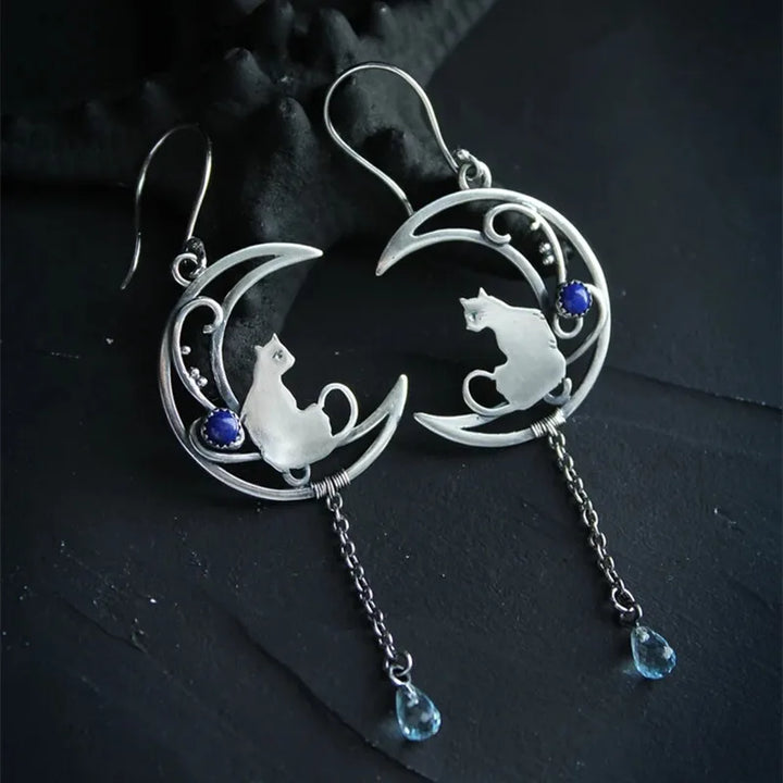 Boucles d'oreilles Chat au Clair de Lune – Design Vintage en Croissant avec Pierre Précieuse Lapis Lazuli