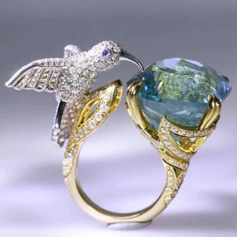 Bague Colibri de Couleur Aquamarine Réglable – Plaqué Or 14K