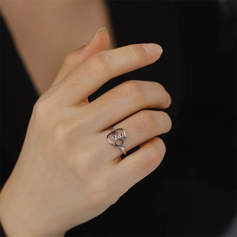 Bague en acier inoxydable dorée en forme de patte et de cœur – Bijoux pour les amoureux des animaux