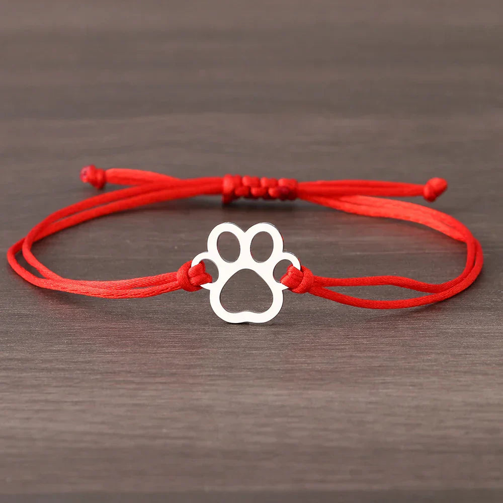 Bracelet en Corde avec Empreinte de Patte – Design Ajustable Noir et Rouge