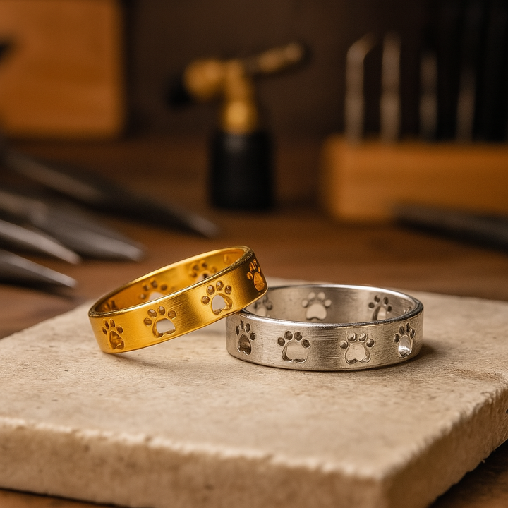 Bague en Acier Inoxydable avec Motif de Patte en Or
