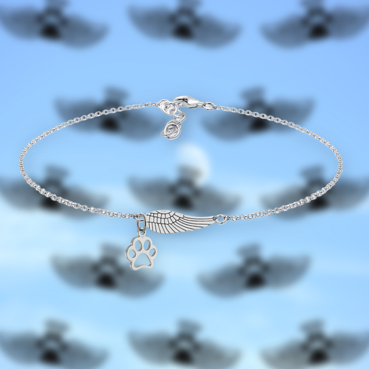 Bracelet commémoratif en argent avec aile d'ange et empreinte de patte | Fait à la main