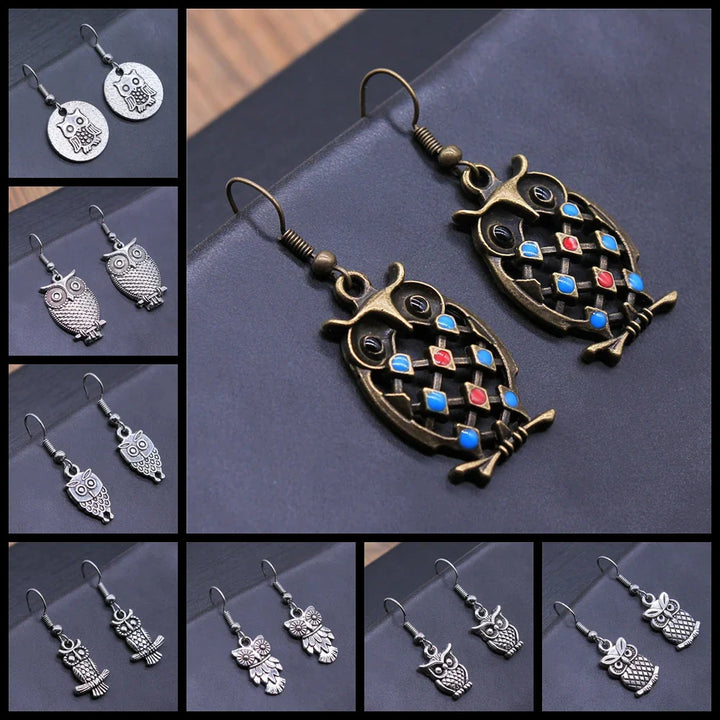 Boucles d'oreilles pendantes bohémiennes vintage avec hibou