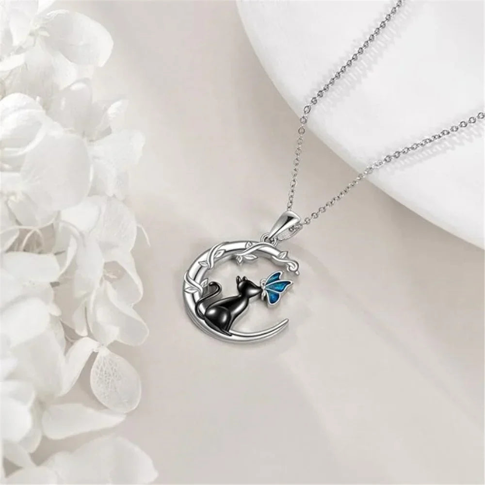 Collier Pendentif en Cristal Papillon Chat de Lune