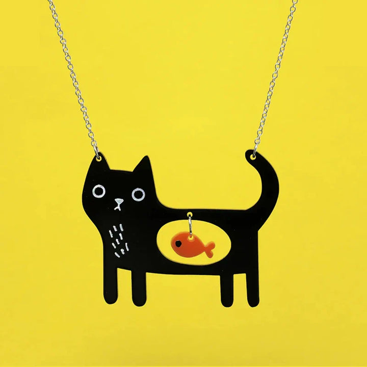 Collier Pendentif Acrylique Chat et Poisson Fantaisie