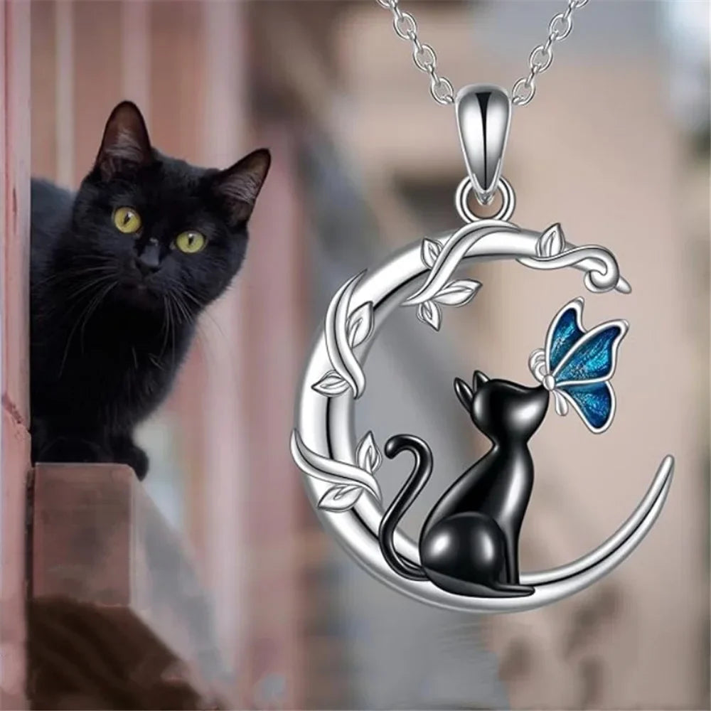 Collier Pendentif en Cristal Papillon Chat de Lune