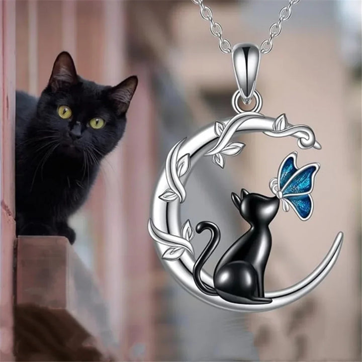 Collier Pendentif en Cristal Papillon Chat de Lune