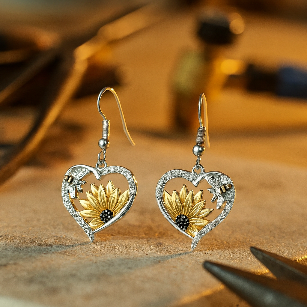 Boucles d'oreilles pendantes vintage bohème en forme de cœur avec tournesol et abeille
