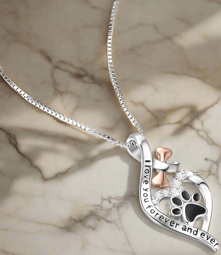 Collier Patte de Chance avec Cœur, Os & Infini – Pendentif “Toujours dans Mon Cœur”