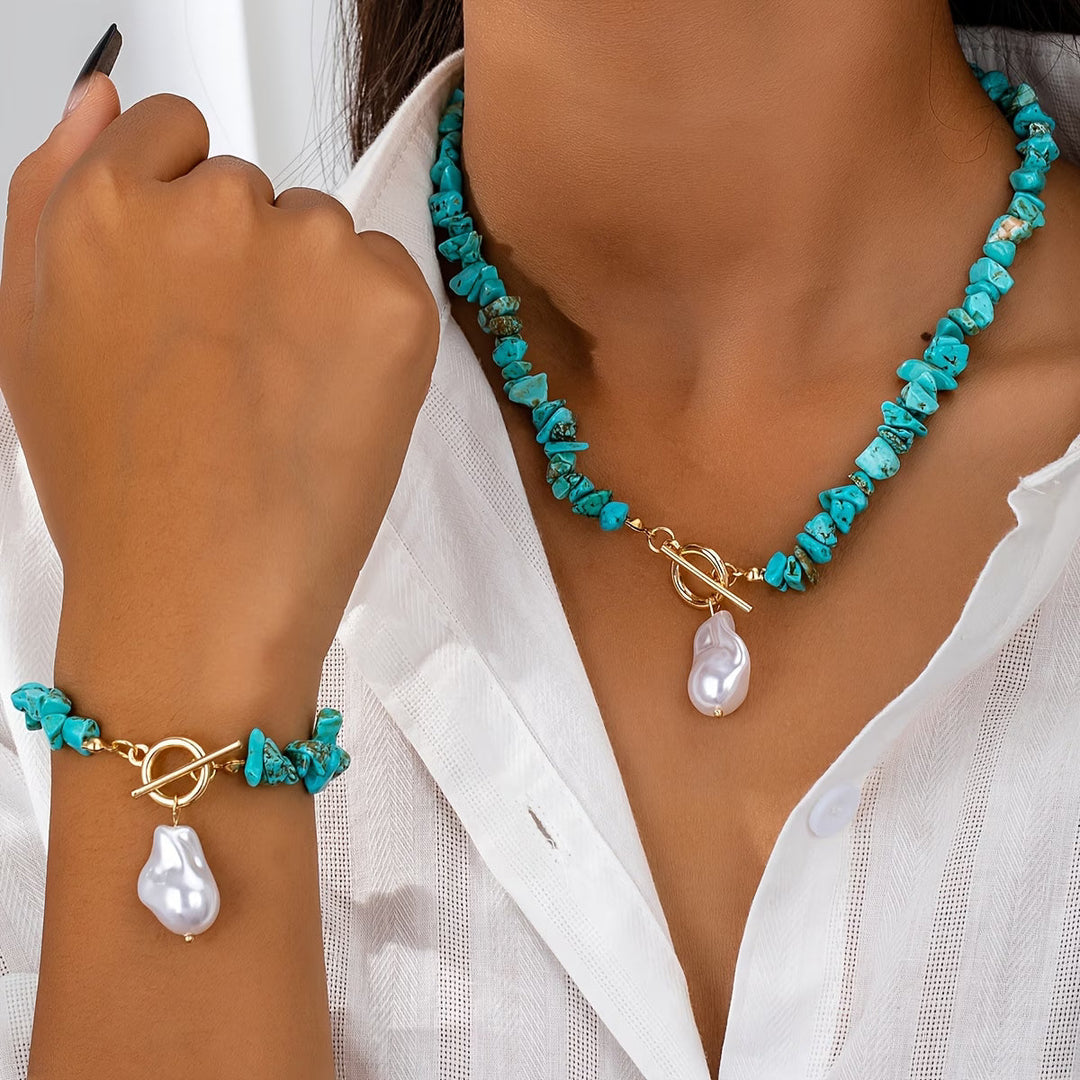 Ensemble de Collier et Bracelet en Turquoise et Perles