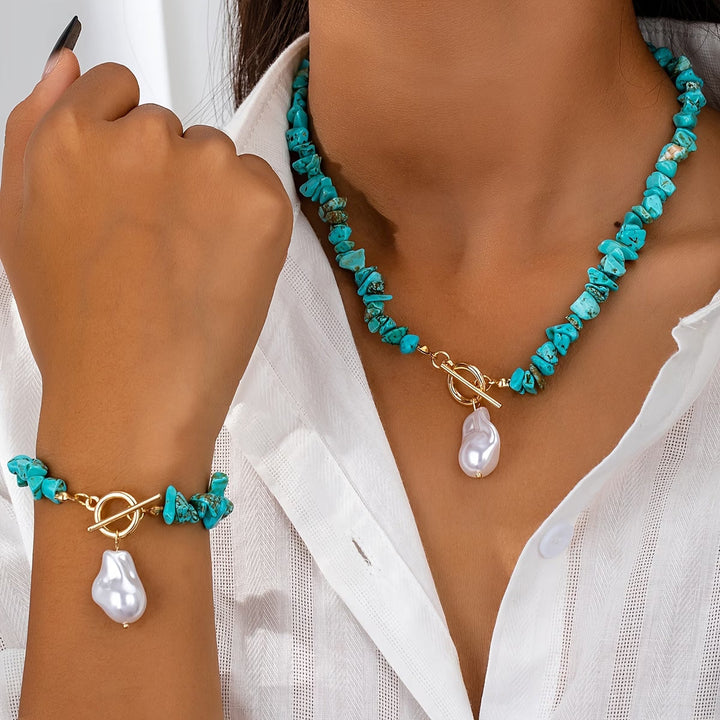 Ensemble de Collier et Bracelet en Turquoise et Perles