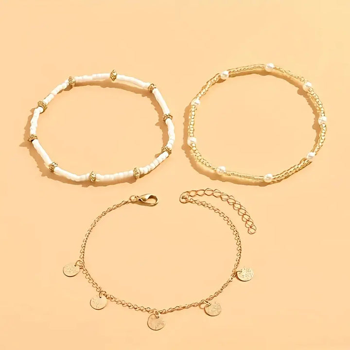 Ensemble de Bracelets de Cheville Superposés de Charme Côtier en 3 Pièces | Or
