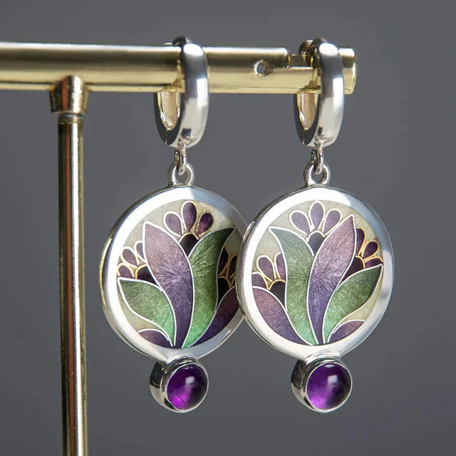Boucles d'oreilles Vintage Boho avec Cristaux Violets | Or Blanc
