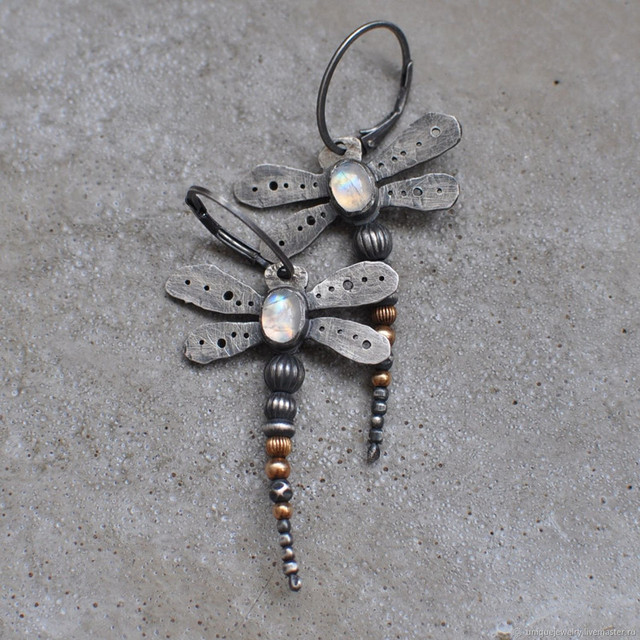 Boucles d'oreilles en pierre de lune libellule vintage