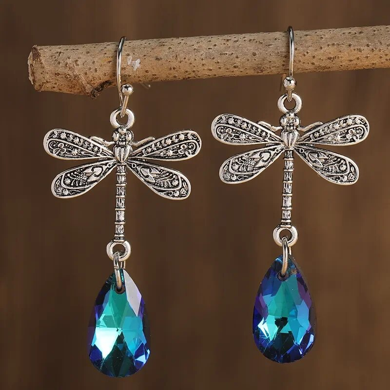 Boucles d'oreilles en zircon bleu vintage en forme de libellule