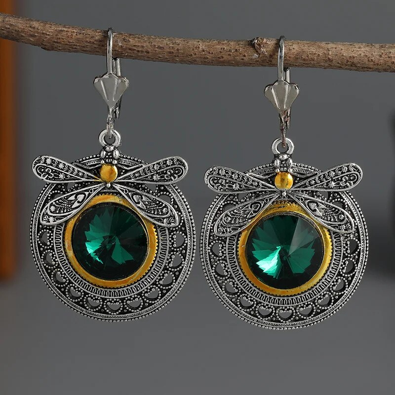 Boucles d'oreilles Libellule en Zirconia Vert Vintage