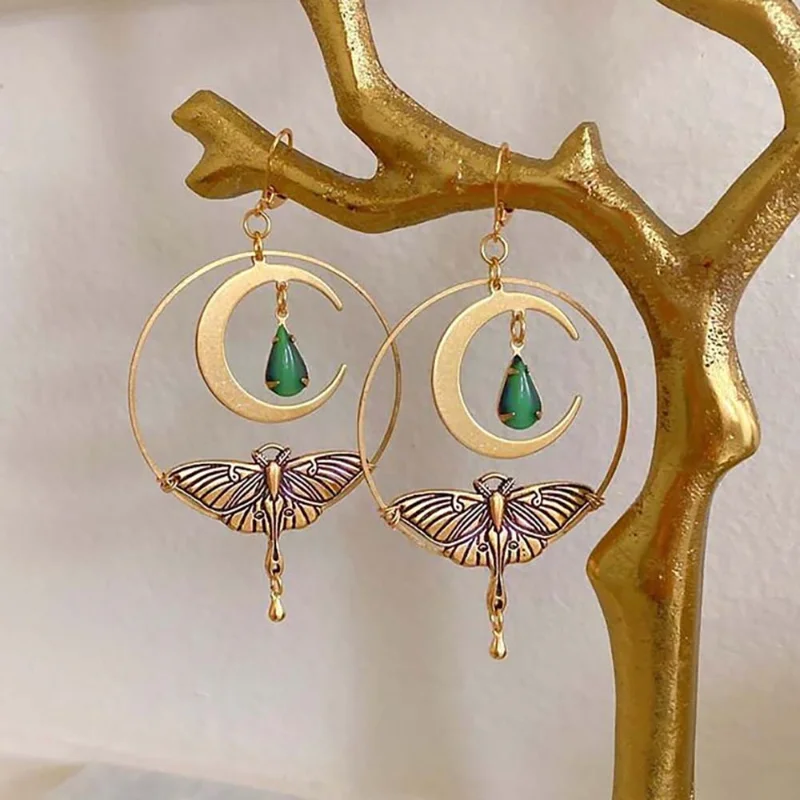 Boucles d'oreilles Vintage Dorées Libellule Lune
