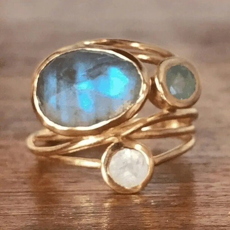 Bague Vintage en Pierre de Lune Bleue Incrustée