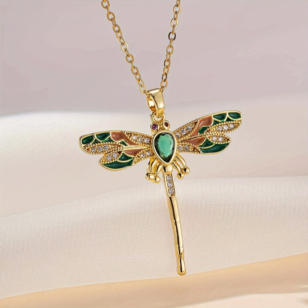 Collier en Or Brillant Libellule Verte