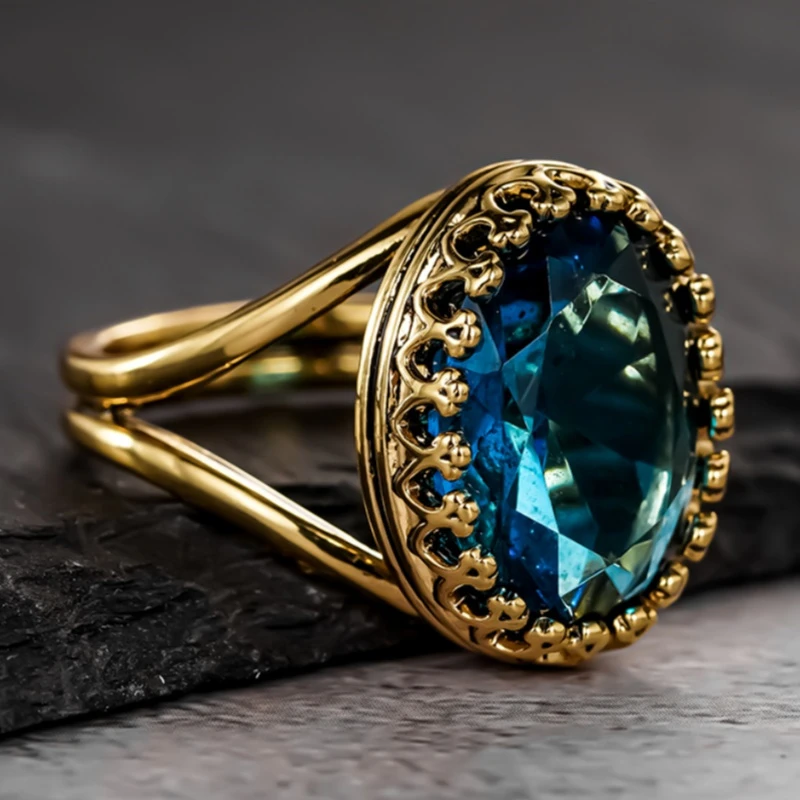 Bague en Or Cristal Bleu Ciel Ronde
