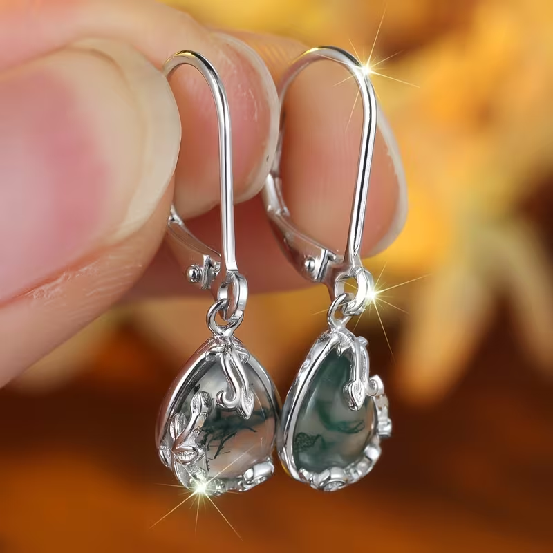 Boucles d'oreilles en agate mousse en forme de goutte arrondie