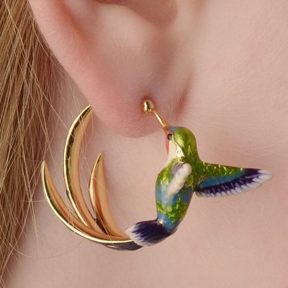 Boucles d'oreilles créoles en émail colibri vintage