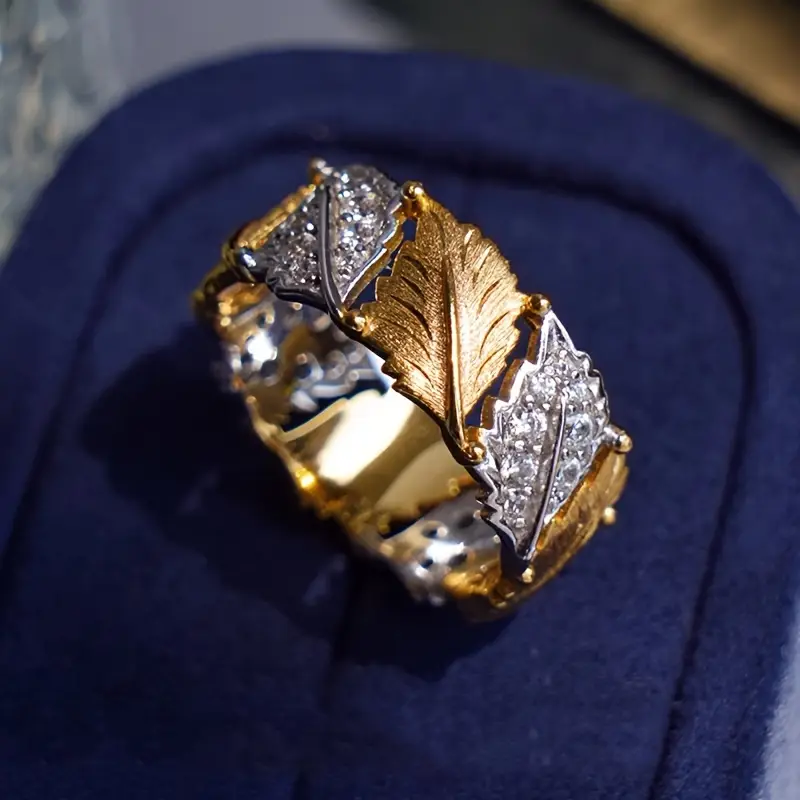 Bague en Zirconium Doré en Forme de Feuille