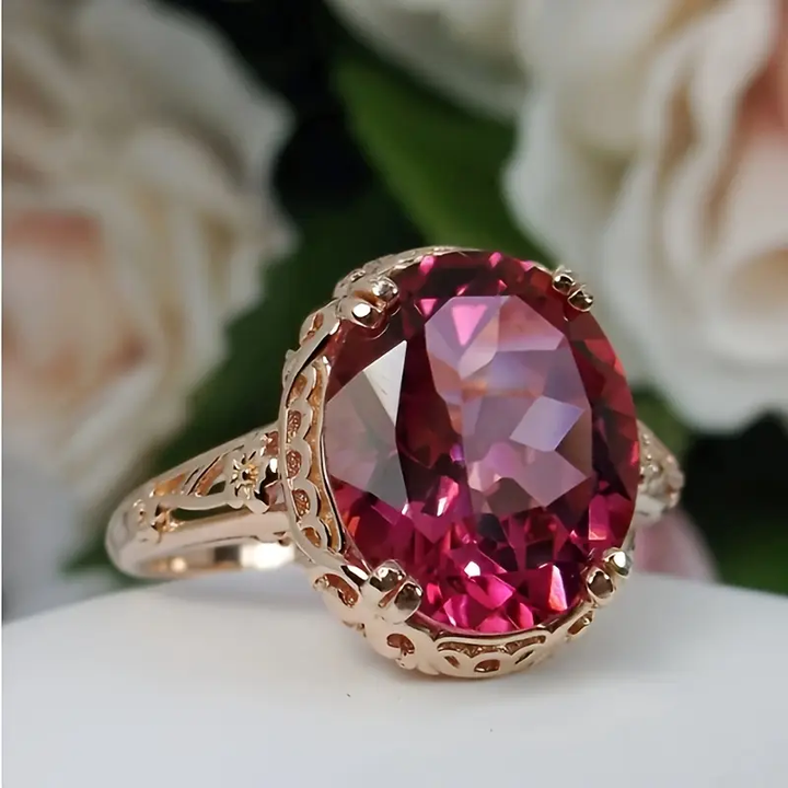 Bague en verre arrondi en grenat vintage avec dorure