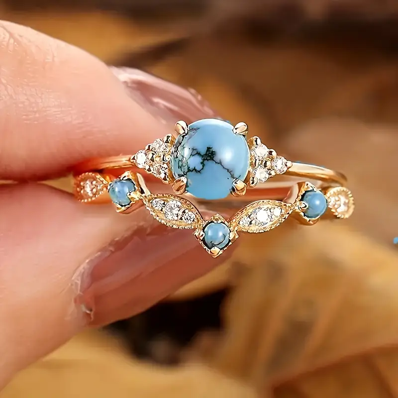 Bague en Opale Bleue avec Zirconia Doré