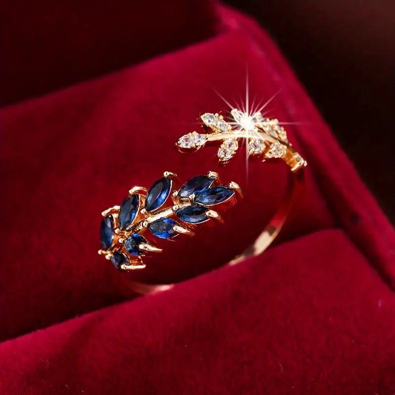 Bague en or zirconia feuille bleue ouverte