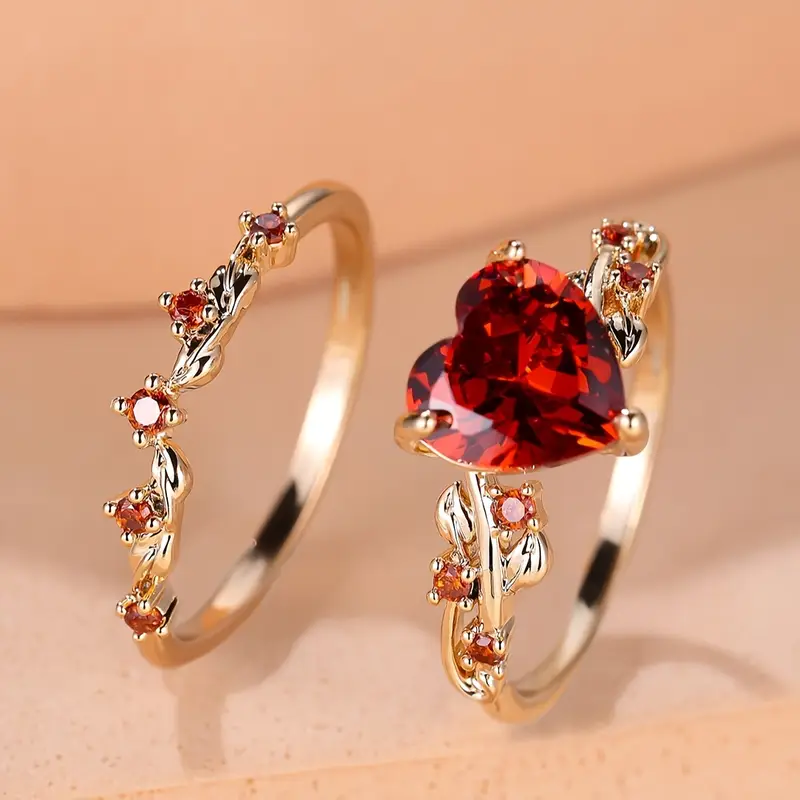 Ensemble de Bagues en Or avec Cœur Rouge