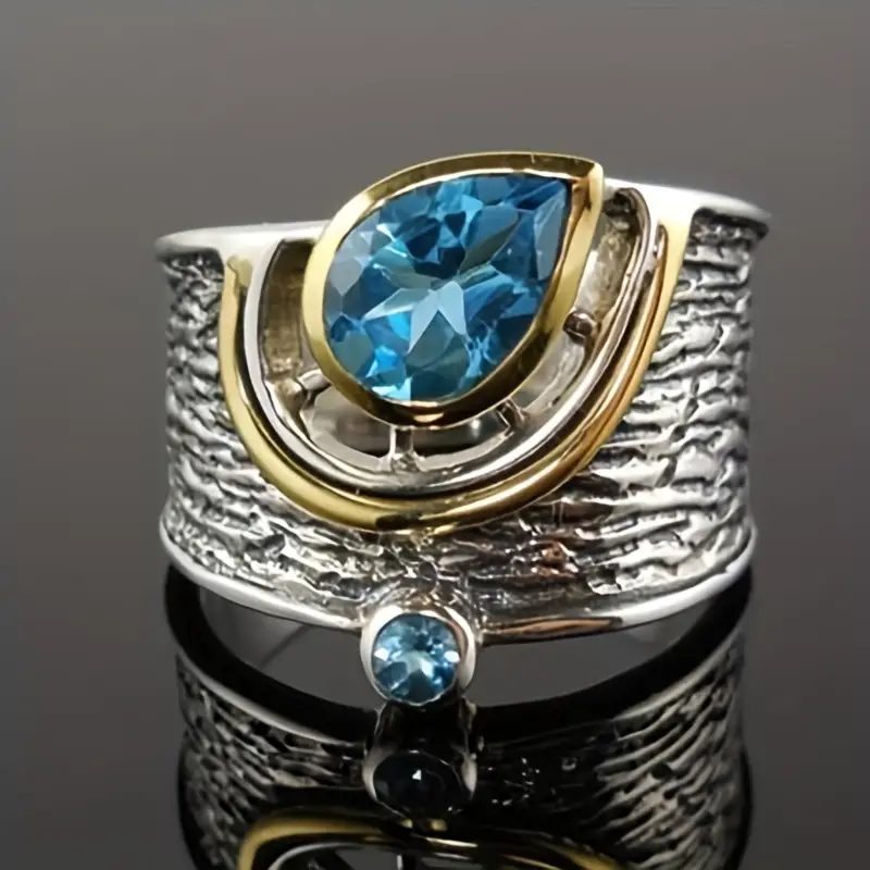 Bague Vintage en Argent et Or avec Incrustations Bleues