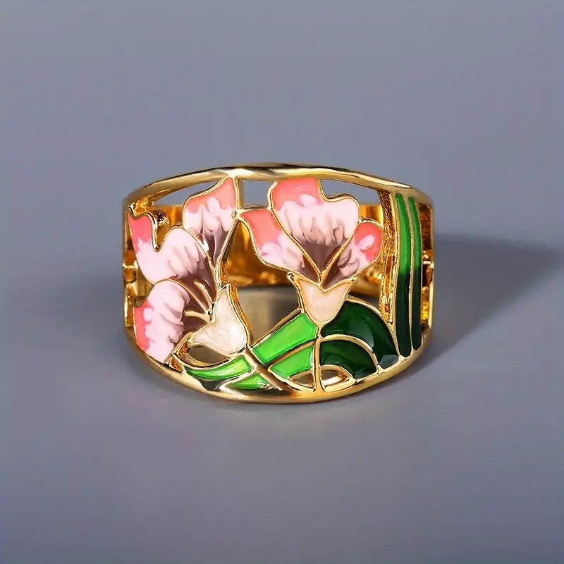 Bague Florale Vintage en Émail Doré