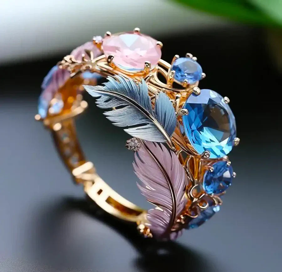 Bague en Cristal de Plume Exotique Antique | Or