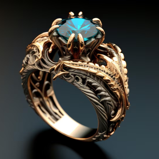Bague en Zirconia Bleu avec Feuille Dorée Vintage