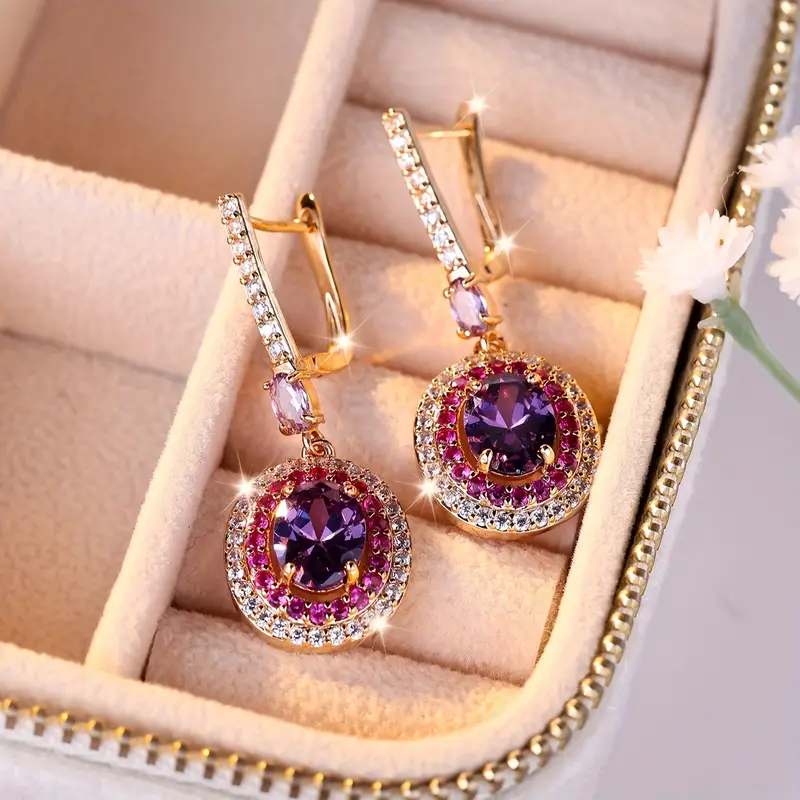 Boucles d'oreilles rondes violettes roses dorées brillantes