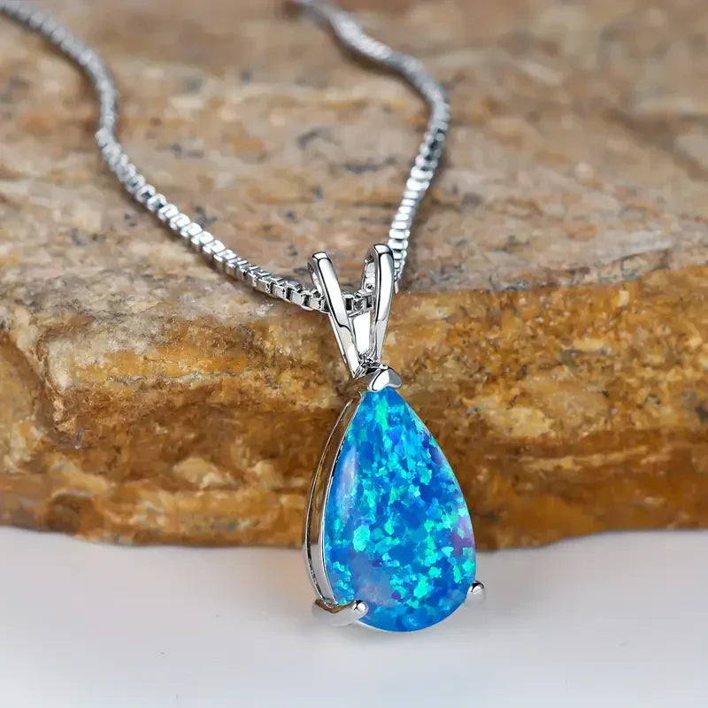 Collier en Opale Azure en Forme de Goutte | Or Blanc