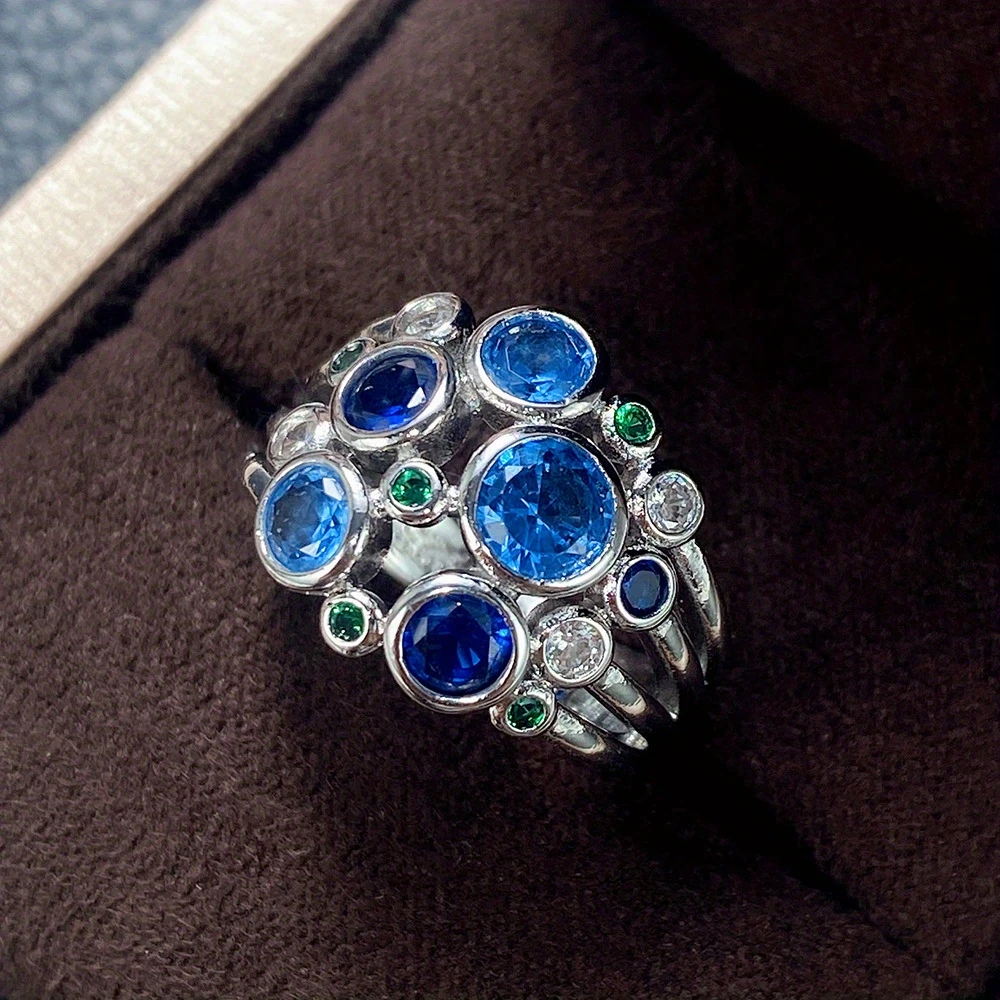 Bague en Verre Bleu Argenté Superposée