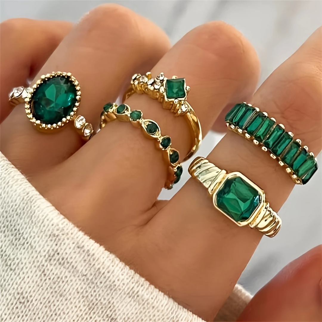 Ensemble de Bagues Dorées et Vertes Brillantes
