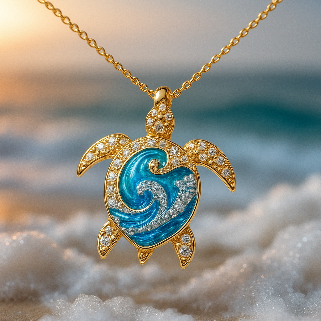 Collier Tortue Brillante en Or avec Opale Bleue