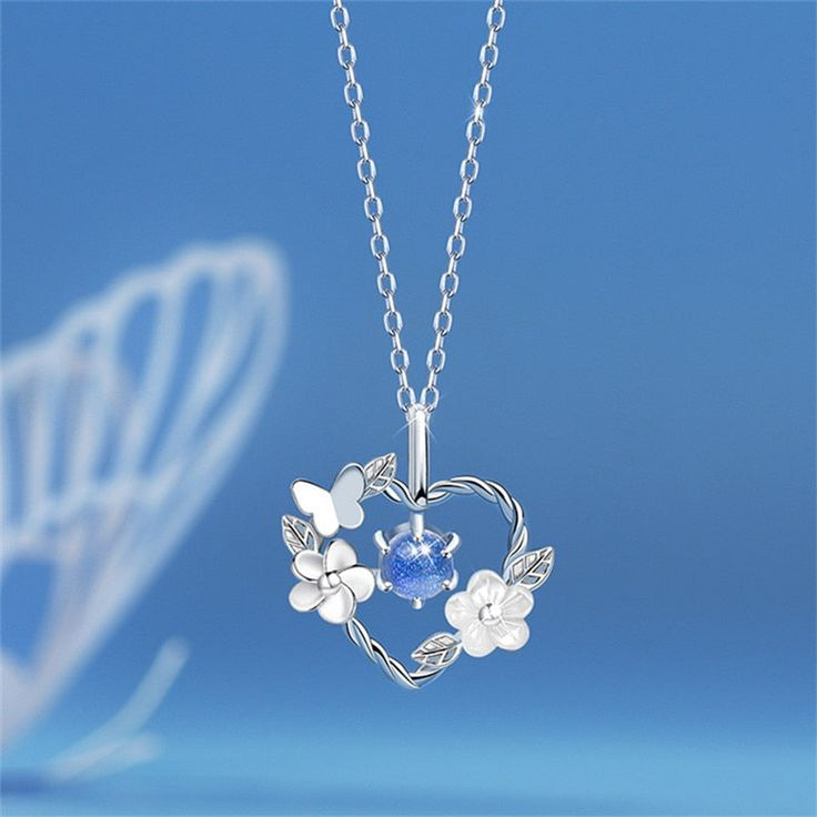 Collier en Argent avec Cœur en Cristal Bleu Floral