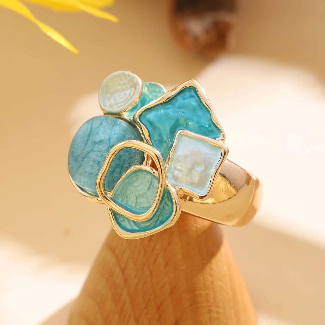 Bague en Or Émaillée Bleue et Blanche