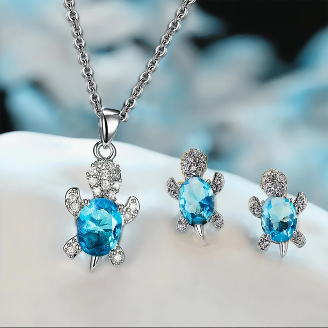 Collier de Tortue en Cristal Bleu Clair + Ensemble de Boucles d'Oreilles