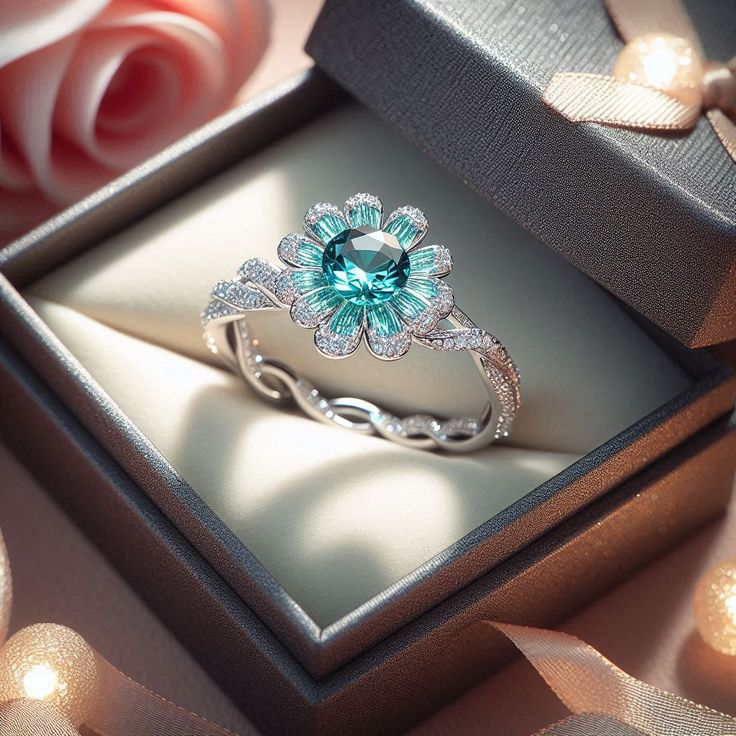 Bague Fleur en Cristal Turquoise