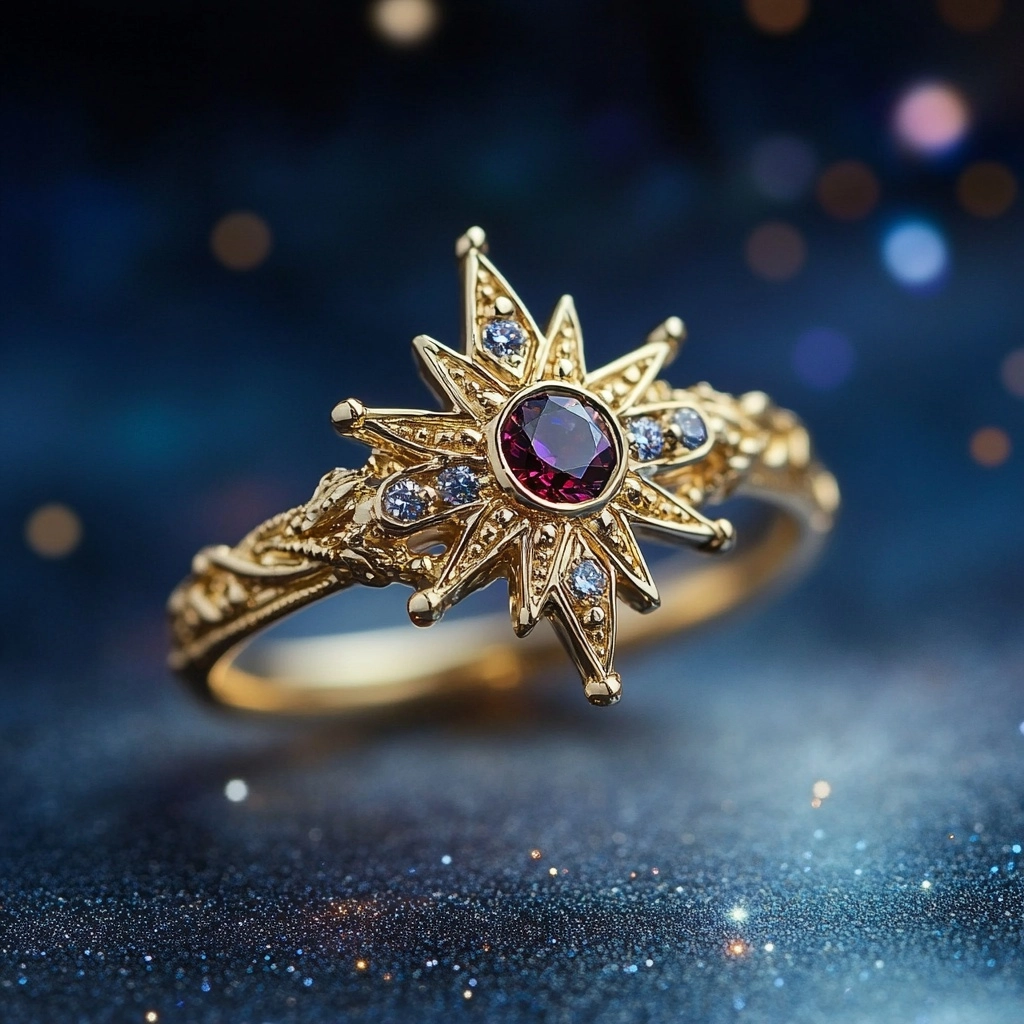 Bague en Or avec Étoiles et Cristaux Rouges