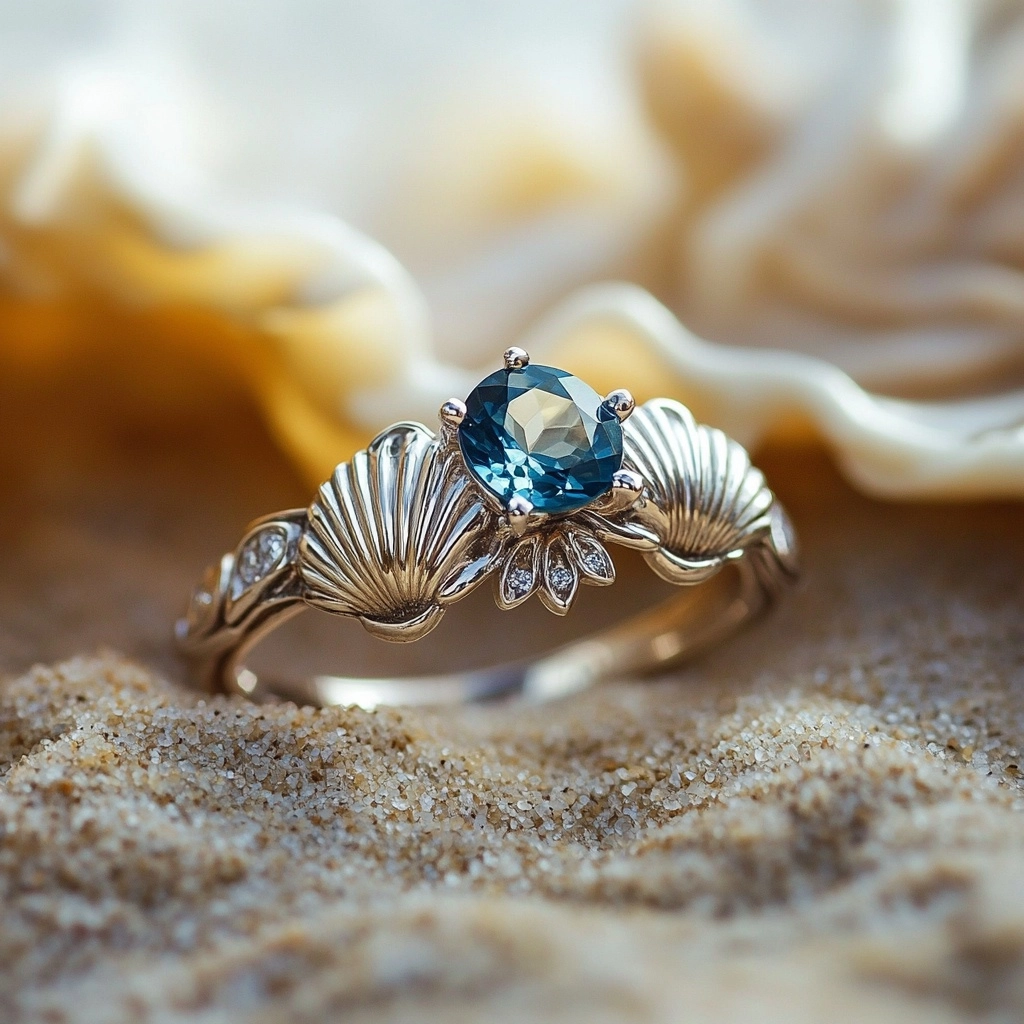 Bague en Argent avec Cristal Bleu Océan et Coquillage